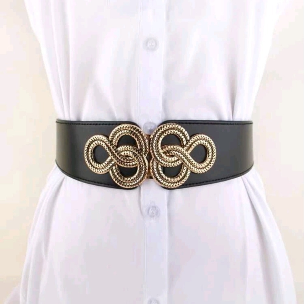Black corset Faux leather elastic wide waist belt chunky gold swirl buckle